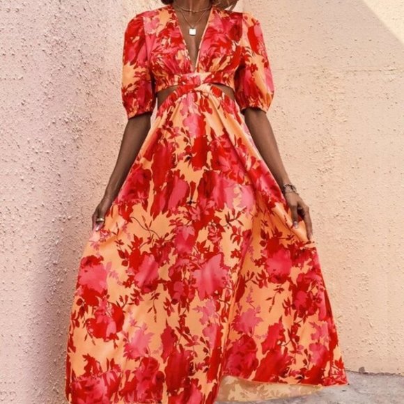 Boho Vacay Floral Cut Out Waist Puffed Sleeve Maxi Dress orange - Picture 4 of 6